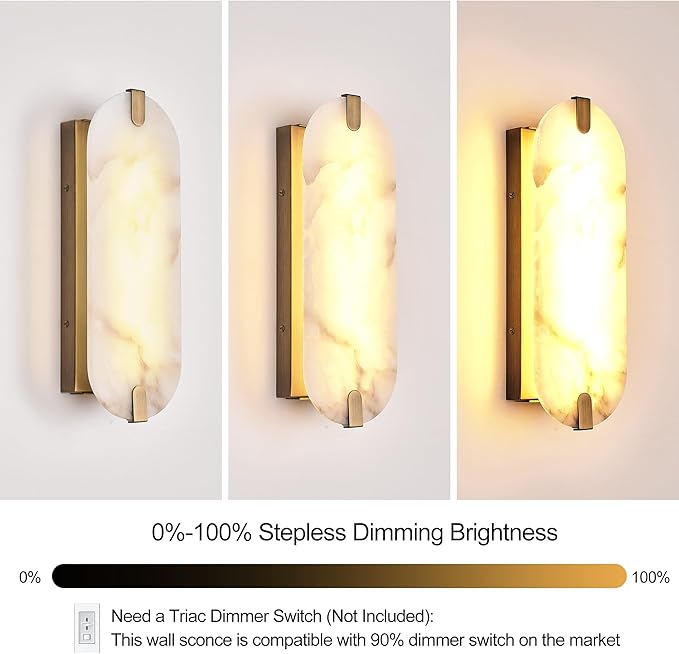 ZEROUNO Alabaster Wall Sconces, 14.2 inch Wall Sconce, Natural Marble Wall Sconces Wall Lighting Set of Two, Dimmable Light Fixtures for Bedroom Living Room Stairs Vanity Hallway Bedside