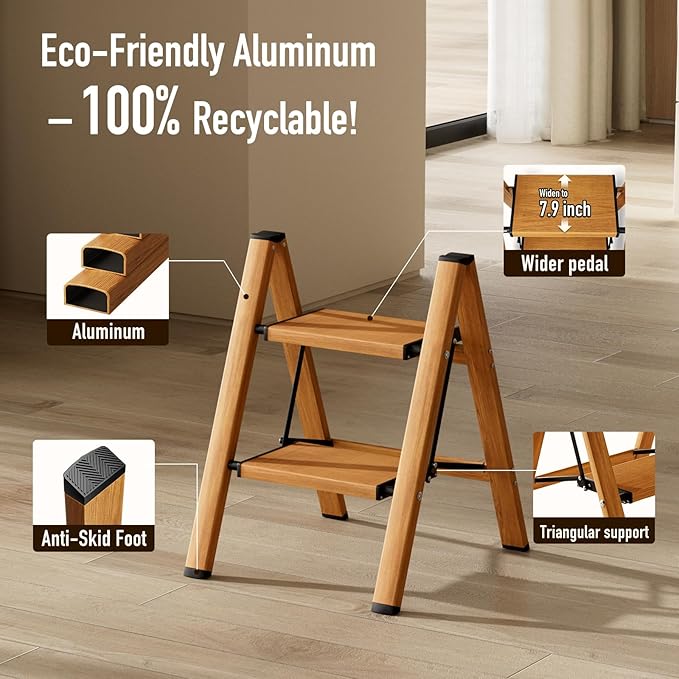 2 Step Ladder,Aluminum Folding Step Stool for Adults,Step Ladder with Wide Anti-Slip Pedal,330 lbs Capacity for Home,Office,Kitchen,Library(Woodgrain)