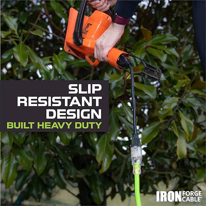 Iron Forge Cable Weatherproof 15 Ft Outdoor Extension Cord - 16/3 SJTW 13 Amp Heavy Duty Neon Green High Visibility Cable with 3 Prong - Lighted End