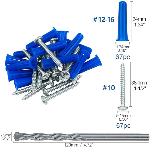 KURUI #12-16 Wall Anchors and Screws Kit, 134 PCs Drywall Anchors for Drywall Brick Masonry Stucco Concrete, 67 Plastic Concrete Anchors and 67 Wood Screws, Drywall Anchors for Picture, Curtain Rod