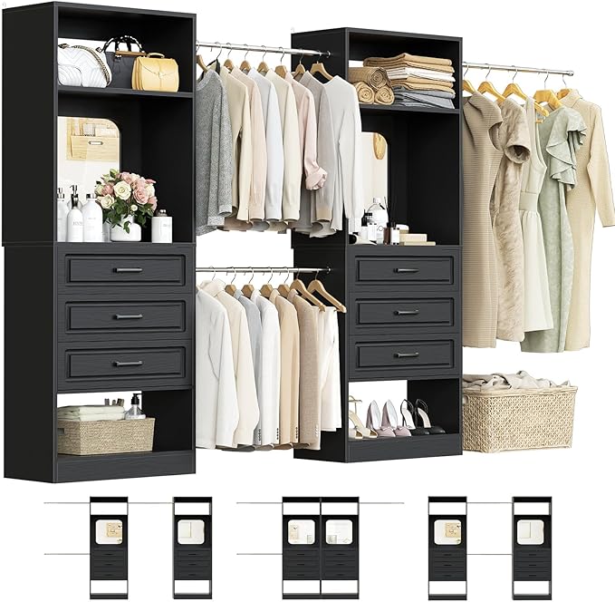Unikito Closet System with 6 Drawers, 6-14Ft Closet Organizer with Mirror, Walk-in Closet Organizer Wardrobe Clothes Rack with 3 Hanging Rods, Sturdy Wood Clothing Garment Rack with Tower, Black