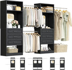 Unikito Closet System with 6 Drawers, 6-14Ft Closet Organizer with Mirror, Walk-in Closet Organizer Wardrobe Clothes Rack with 3 Hanging Rods, Sturdy Wood Clothing Garment Rack with Tower, Black