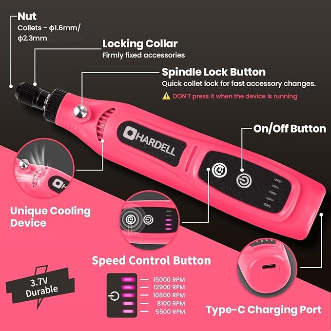 HARDELL Mini Cordless Rotary Tool, 5-Speed Rotary Tool Kit with 43 Accessories, Type-C Charging Power Rotary Tool for Engraving, Sanding, Polishing, Drilling, Grinding, Small DIY Crafts (Pink）