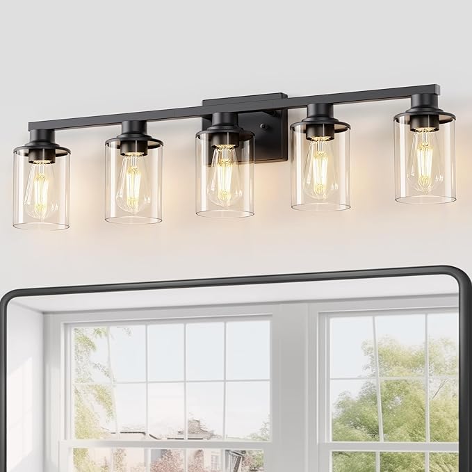 DORESshop Bathroom Light Fixtures, 5-Light Black Bathroom Lighting Fixtures Over Mirror with Clear Glass Shade, Vanity Lights for Bathroom Hallway Bedroom Living Room