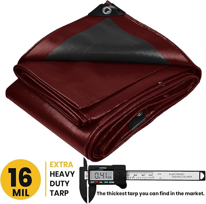 PROTARP Extra Heavy Duty 16 Mil Tarp Cover, Waterproof, UV Resistant, Rip and Tear Proof, Poly Tarpaulin with Reinforced Edges for Roof, Camping, Patio, Pool, Boat. (Maroon/Black 20′ X 20′)