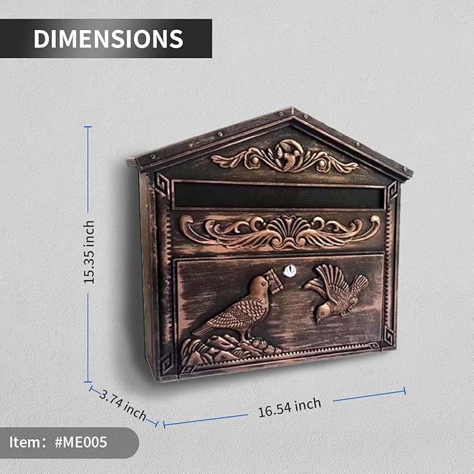 Mailbox Wall Mount,Large Capacity Locking Mailbox for Outside, Rust-Proof Aluminum Hanging Secured Postbox, Security Key Drop Box,15.35 "x 16.14 "x3.54 Retro Bird