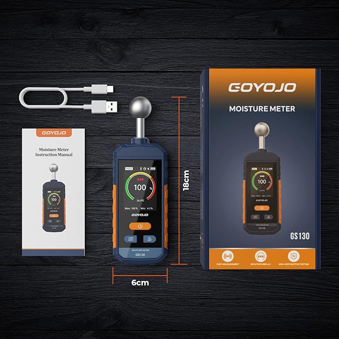 Pinless Wood Moisture Meter for Walls & Drywall | Digital Moisture Detector, Concrete Moisture Meter & Firewood Reader | GS130 USB-C Rechargeable Humidity Tester