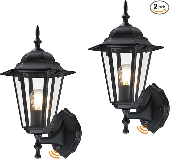 GRUENLICH Dusk to Dawn Outdoor Wall Sconce, Exterior Front Porch Lighting with Clear Glass, Black Aluminum Outside Coach Light for Patio Doorway Garage, 2 Pack