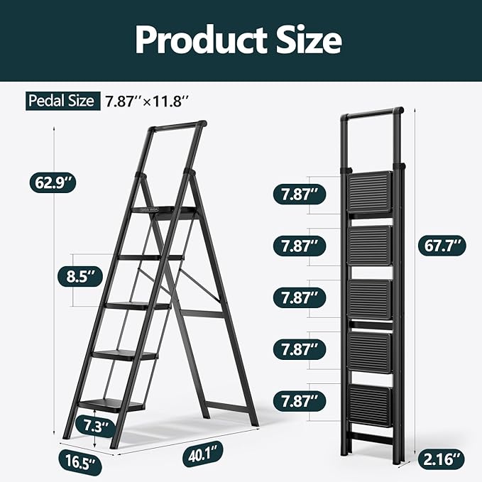WOA WOA 5 Step Ladder, Foldable Ladder with Wide Pedals and Handle, Sturdy Ladders for Home and Kitchen with Anti-Slip Feet, Supports up to 330 lbs - Black
