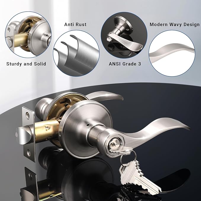 Knobonly 2 Pack Keyed Alike Bathroom/Bedroom Door Lock, Satin Nickel Front Door Handle, Exterior Door Handle, Same Key for Each Pack, Zinc Alloy