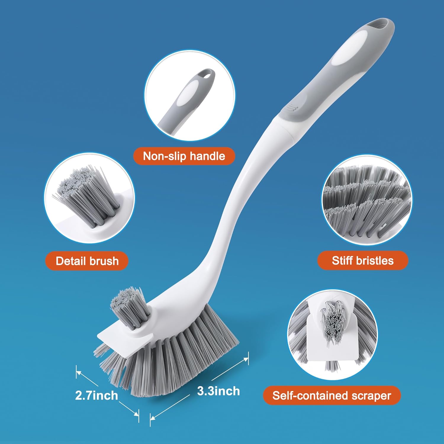 4-Pack Heavy-Duty Dish Scrub Brushes with Stiff Non-Scratch Bristles & Long Handle - Multi-Purpose Kitchen Cleaning Brushes for Pots, Pans, Bottles, Deep Cleaning