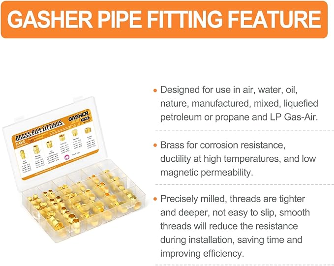 GASHER Brass Pipe Fittings Assortment Kit, Hex Nipple,Reducer Bushing,Reducing Hex Coupling,Hex Heand Plug,End Cap and Socket Plug(72Pcs)