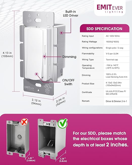 Dimmer Light Switch & 24V 160W Dimmable LED Driver 2 in 1, UL Listed Class 2 Single-Pole or 3-Way Slide Dimmer Switch for Led Lights,120VAC to 24VDC Power Supply for Low Voltage Project, Glossy White
