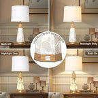 27" Natural Alabaster And Real Wood Table Lamp Set of 2 With Night Light Nightstand Lamps With USB Ports White Linen Fabric Shade Bedside Lamp Decor For Living Room Bedroom Home Office Hotel Bar House