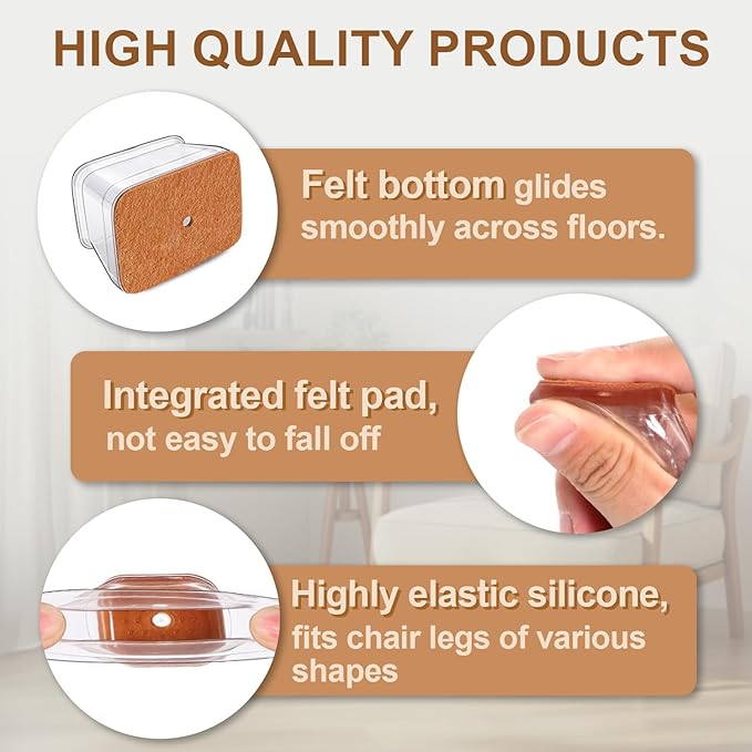 28Pcs Chair Leg Floor Protectors Rectangle for Hardwood Floors Silicone Caps Covers Felt Furniture Pads Clear Chair Sliders, Protect The Floor from Scratches(Fit Perimeter 5" to 5-7/8")
