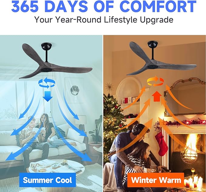 52" 3 Blade Ceiling Fan Without Light, Farmhouse Rustic Wooden Flush Mount Ceiling Fan no Light with Remote for Indoor/Outdoor - High End Silent Operation, Grey & Black, 52 Inch