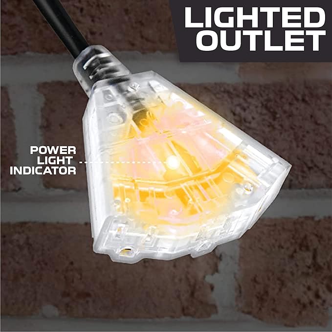 Iron Forge Cable 12 Gauge Extension Cord with Multiple Outlets - Black Heavy Duty Extension Cord 25 ft - 12/3 SJTOW, 3 Prong Lighted Outlet Cords