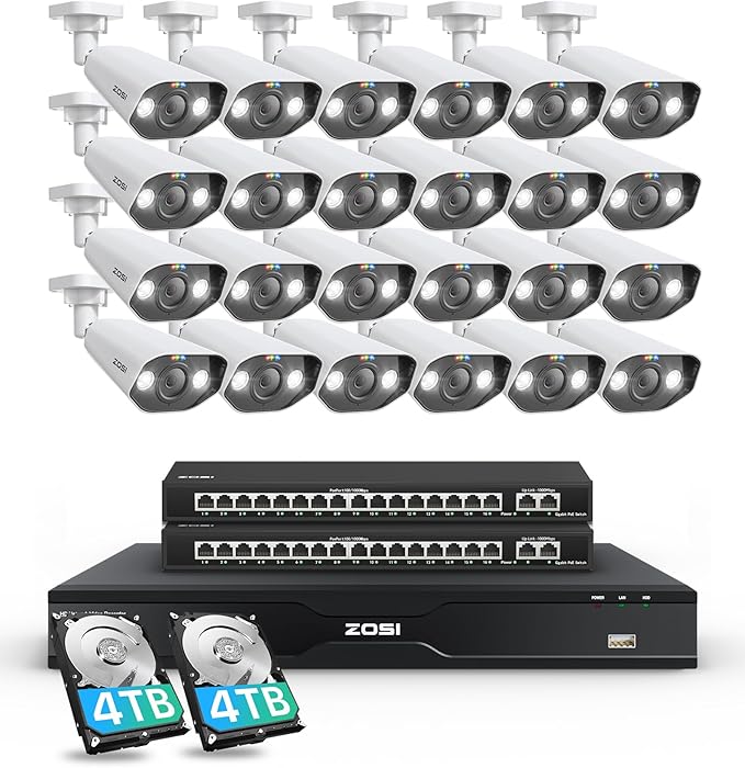 ZOSI 32 Channel 4K PoE Security Camera System, 24x 4K Spotlight Cameras Outdoor Indoor, Face Person Vehicle Detection, 2 Way Audio, 32CH 8MP Surveillance NVR with 8TB HDD for Business 24/7 Recording