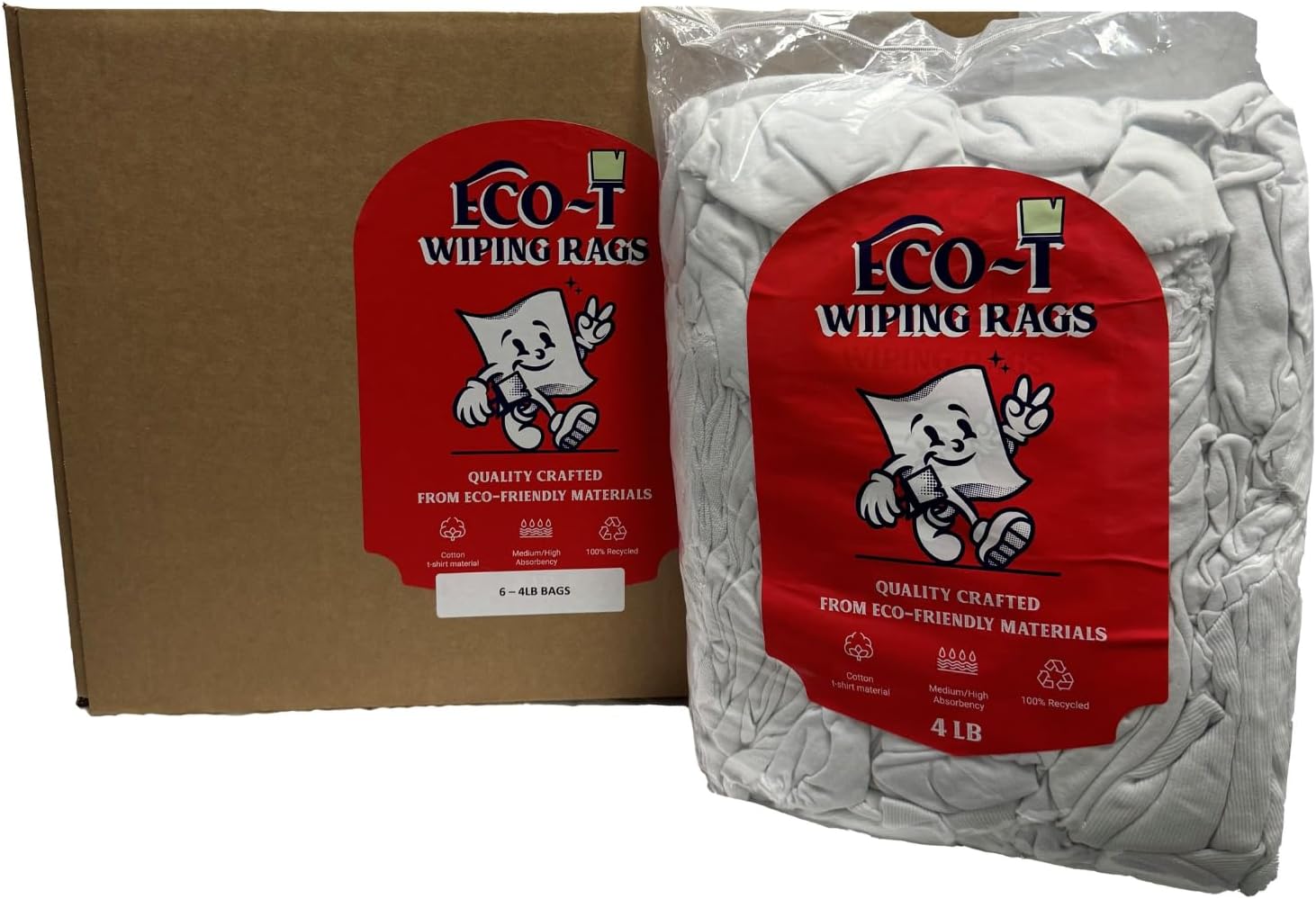 6 x 4 Lb Bags (24 Lbs) Eco-T Paint Rags - White T-Shirt Material, 100% Recycled, Eco-Friendly, High Absorbency, Low Lint, Low-Cost, Painting and Cleaning Cloth (6 x 4 Lb Bags)