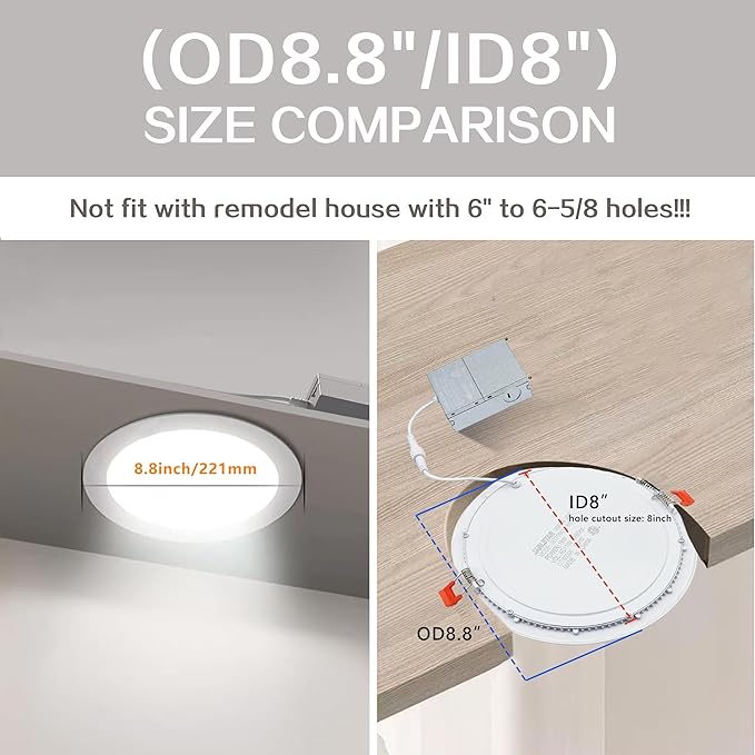 8 Inch LED Recessed Light with Junction Box.12Pack Ultra Thin LED Recessed Lights 3CCT 3000K/4000K/6000K Selectable Dimmable,18W 8" Ceiling Canless Light Downlight, Can Killer Lighting CR80