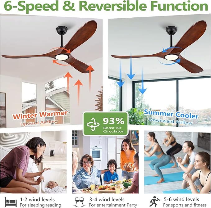 60 Inch Ceiling Fan with Lights,3CCT,Dimmable Mordern Wood Ceiling Fan with Remote for Indoor Farmhouse Bedroom Living Room Outdoor Patio Porch, Reversible DC Motor, Noiseless,Dark Walnut