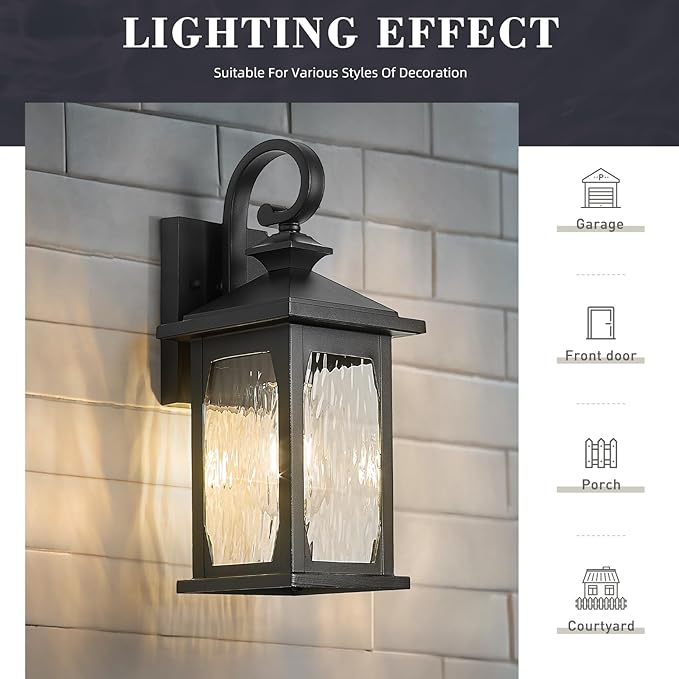 zeyu 2 Pack Outdoor Light Fixtures, Exterior Front Porch Lightings for Garage Doorway, Die-Cast Aluminum with Water Ripple Glass, Black Finish, ZD99B-2PK BK-WP