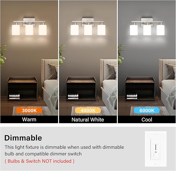 Brushed Nickel Bathroom Light Fixtures, 3-Light Modern Vanity Light Over Mirror, Wall Sconces with Milky White Frosted Glass Shades, E26 Socket (Bulbs Not Included)