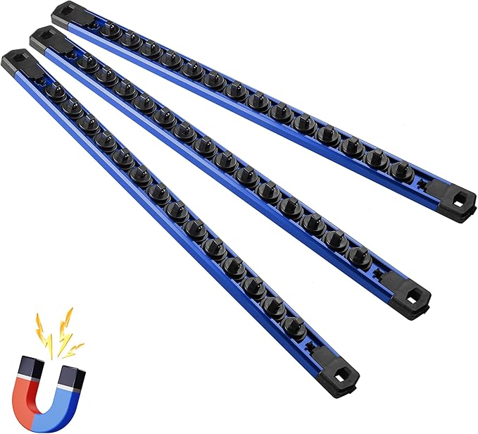 Magnetic Socket Organizer, 3-Piece Heavty Duty Aluminum Socket Holder, Socket Rail for Tool Box, Premium Quality 360° Swivel Socket Rack with 42 Clips for 1/4-Inch(Blue)