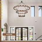 Extra Large 63'' Wooden Wagon Wheel Chandelier Farmhouse 3 Tier 48 Lights Black Rustic Round Wood Pendant Light Fixture for High Ceiling Living Dining Room Foyer Villa Staircases