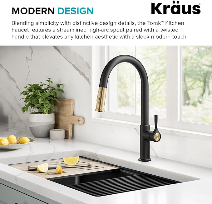 KRAUS Torak Pull Down Kitchen Faucet in Spot-Free Brushed Brass/Matte Black with 2 Function Sprayer, Pre-Attached Water Lines, and Mounting Hardware, KPF-2840SFBBMB