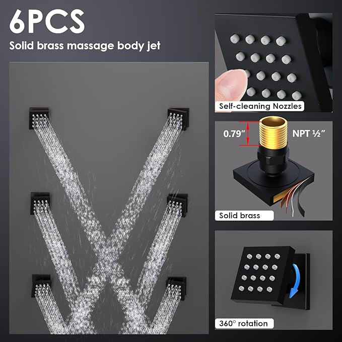 Enga Shower System with Body Jets, 12 Inch Wall Mount Rainfall Shower System and Handheld Body Spray Shower Faucets sets Combo with Rough-in Valve, Matte Black