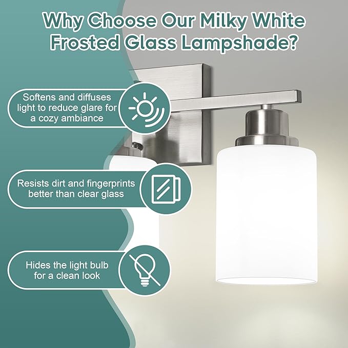 Ascher Bathroom Light Fixtures, 3-Light Vanity Light Over Mirror, Brushed Nickel Wall Sconces with Milky White Frosted Glass Shades, Wall Lamp for Living Room Bedroom, E26 Base(Bulbs Not Included)