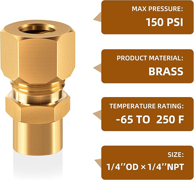 Brass compression tube pipe fitting connector Straight Coupling Adapter 1/2" Tube OD x 3/8" NPT Female Connector 6pcs(1/2od to 3/8npt)