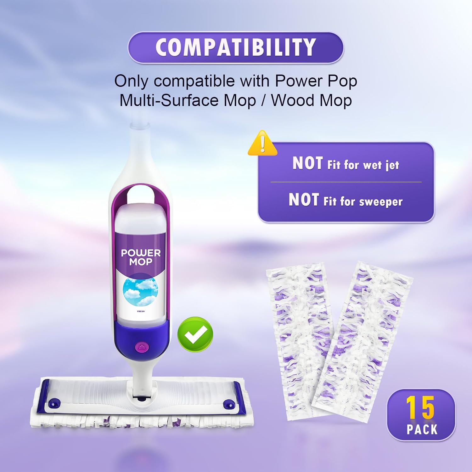 15 Count Disposable Power Mop Refills for PowerMop Multi-Surface Mop, Spray Cleaning Repalcement Pads