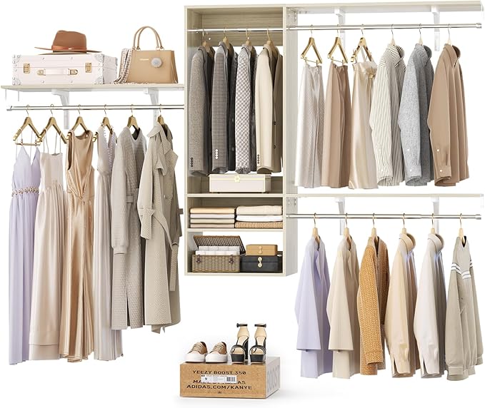 Cyclysio 96 Inch Closet Organizers and Storage, 8 FT Hanging Closet Organizer with 4 Adjustable Rods, Wardrobe Organizers with 3 Shelving Towers for 4-8FT Spaces(Cut-to-Fit), Oak