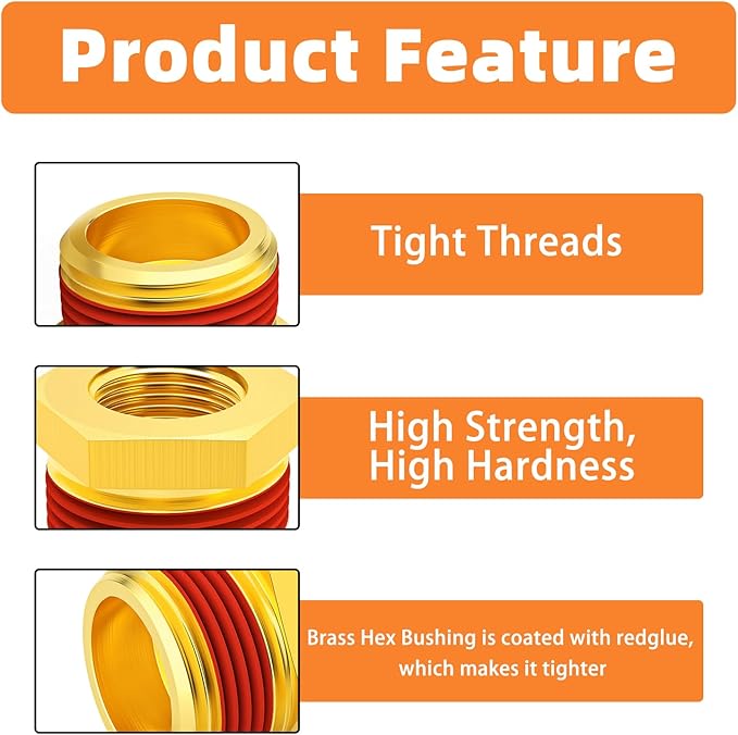 GASHER 5Pcs Brass Reducer Hex Bushing 3/4" NPT Male x 3/8" NPT Female, Brass Threaded Pipe Fitting With Sealant
