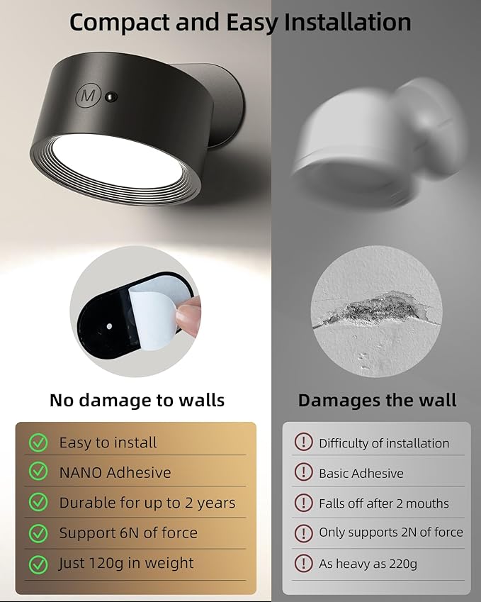 LED Wall Mounted Lights, Rechargeable Wall Sconces with Remote & Touch Control, 3 Color Temperatures 360° Rotation Dimmable Cordless Wall Light for Bedroom Study Reading Bedside (Black, 3 Pack)