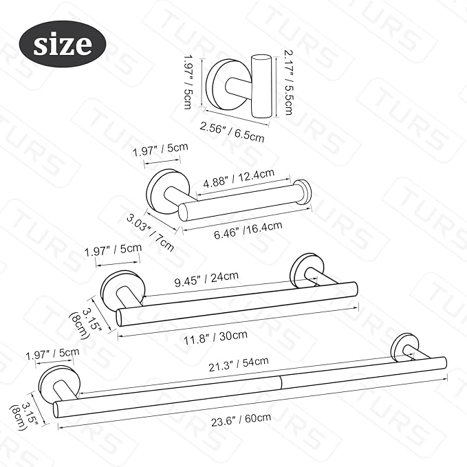 TURS Brushed Nickel 10 Pieces Bathroom Hardware Set, SUS304 Stainless Steel 24 Inch Bath Towel Bar Set, Round Bathroom Accessories Kit Wall Mounted