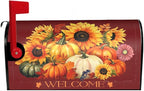Autumn Pumpkin Thanksgiving Mailbox Cover - Magnetic Fall Sunflower Maple Leaf - Standard Size 25.5 x 21 Inch Farmhouse Rustic Welcome Post Box Wrap - Garden Yard Home Decor