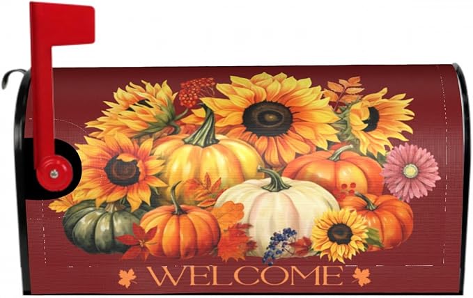 Autumn Pumpkin Thanksgiving Mailbox Cover - Magnetic Fall Sunflower Maple Leaf - Standard Size 25.5 x 21 Inch Farmhouse Rustic Welcome Post Box Wrap - Garden Yard Home Decor