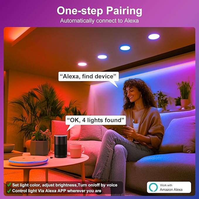 Smart Recessed Lighting 6 Inch RGBCW Color Changing 16W LED Downlights with Junction Box,1350 Lumen Canless Wafer Recessed Ceiling Lights Work with Alexa,Music Sync,DIY Scenes,Timer,23 Modes,1 Pack