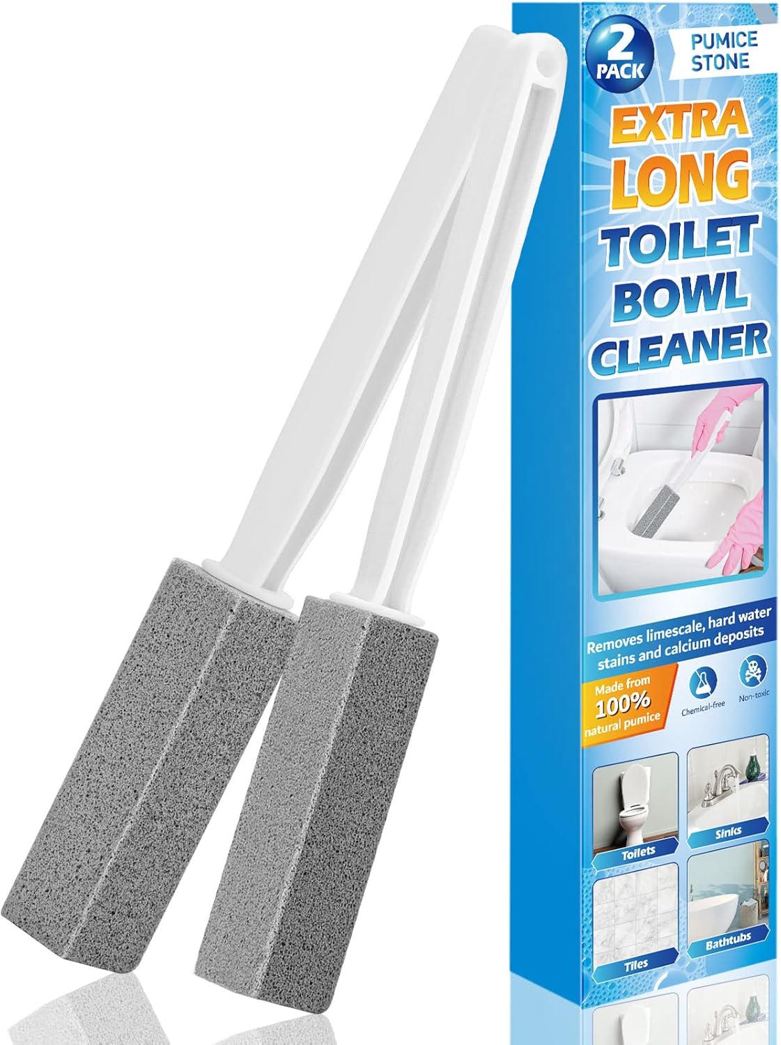 2 Pack Pumice Stone for Toilet Cleaning with Extra Long Handle, Premium Pumice Stone Toilet Brush, Hard Water Stain Remover Effectively Removes Stubborn Limescale.