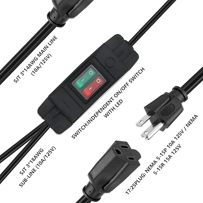 2 Way Extension Cord with On/Off LED Switch, Fiabtool 3 Prong Extension Cord Splitter, Heavy Duty Plug Splitter, SJTW 18AWG 10A/125V, Indoor Use (3.28 Ft, Black)