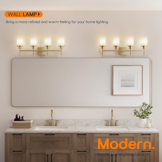 Wall Light Fixtures 4-Light Over Mirror, Gold Vanity Lights with White Frosted Glass Shade, Wall Sconces for Bathroom Washroom Kitchen T001GD-L4