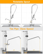 Commercial Sink Faucet Wall Mount with Pre Rinse Sprayer 8 inch Center Wall Mount Kitchen Sink Faucet 47" Height with 14" Add-on Swing Spout for 1/2/3 Compartment Sink