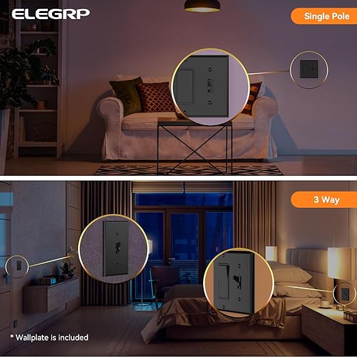 ELEGRP Digital Toggle Dimmer Switch for Dimmable LED, CFL and Incandescent Light Bulbs, Single Pole or 3-Way Toggle LED Dimmer Light Switch, Wall Plate Included, UL Listed, 2 Pack, Black