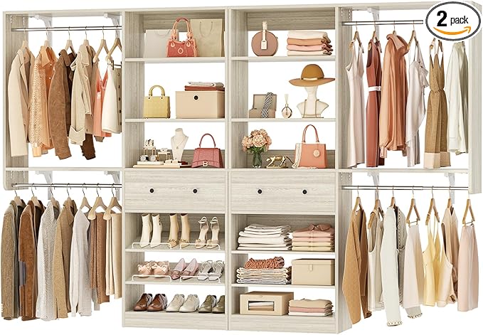 [10 FT Closet System] Reversible Set of 2 Wood Closet Organizer System with 2 Drawers, 4 Hanging Rods Adjustable Shelf, Walk In Closet Organizers with Shoe Rack, Garment Rack Clothes Rack, White Oak