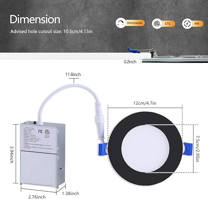 CycevSun 6 Pack Black Recessed Lights 4 Inch with Night Light, Canless Ultra Thin Wafer Downlight Pot Outdoor Exterior Soffit Lighting, Dimmable & 5 Color Selectable, 9W, ETL & Energy Star