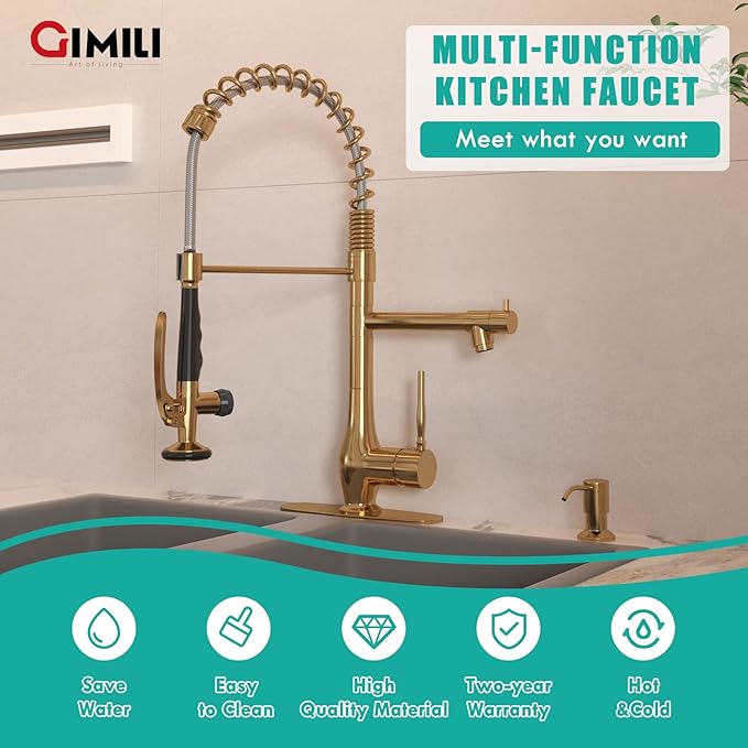 GIMILI Commercial Kitchen Faucet with Pull Down Sprayer, Double Headed Single Handle High Pressure Kitchen Faucet with Soap Dispenser Brushed Gold
