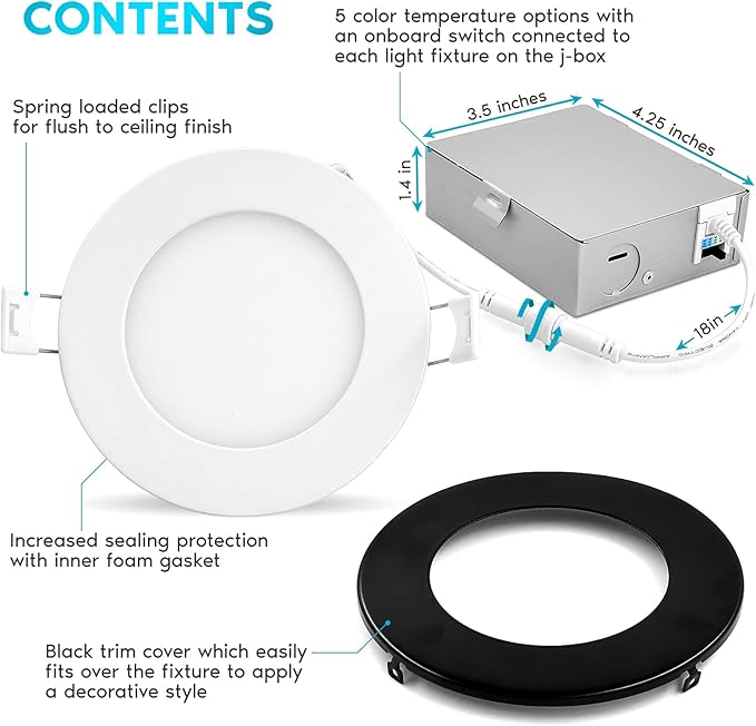 LUXRITE 4 Inch Ultra Thin LED Recessed Light with J-Box, 10W, 5 Color Options 2700K | 3000K | 3500K | 4000K | 5000K, Dimmable Wafer Lights, 750 Lumens, Black Trim, Energy Star, IC Rated